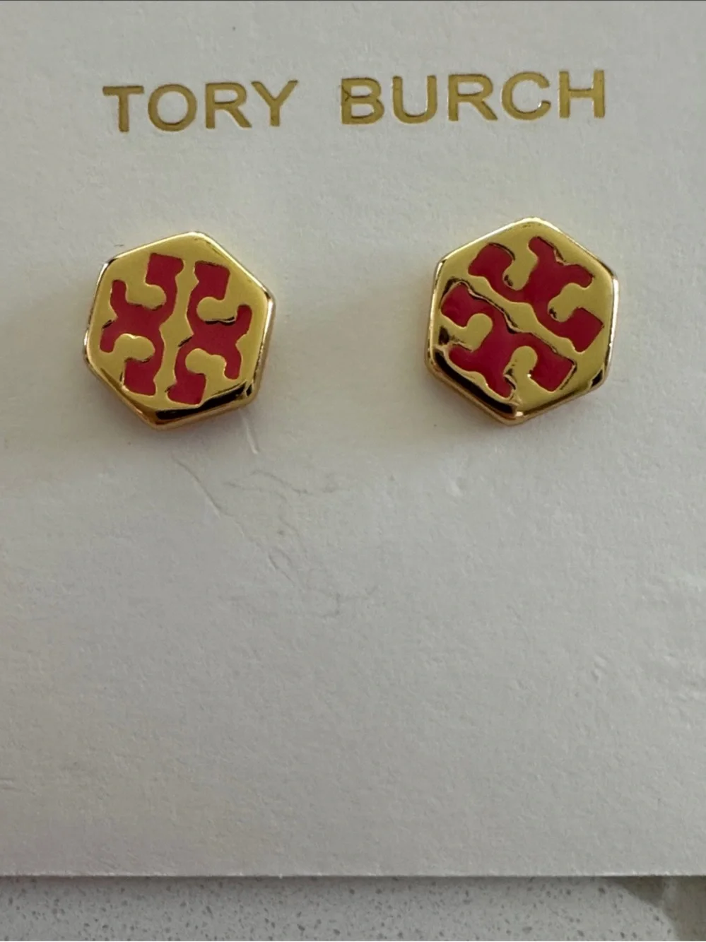Gold Hexagon Stud Earrings with Pink Enamel Logo